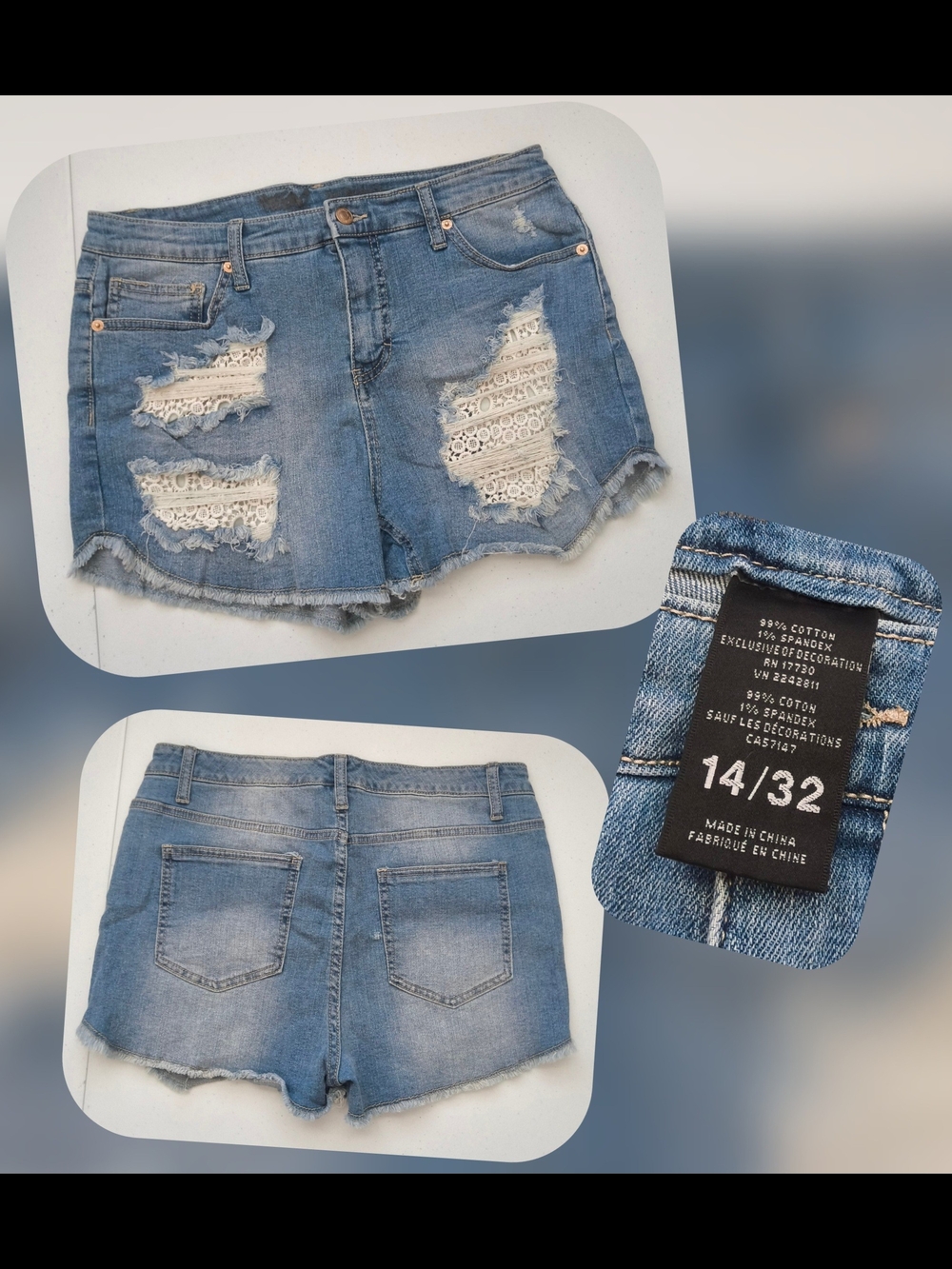 Mossimo distressed Lace Inset High-Rise Denim Shorts -Light Blue Size 14 (Nwots)